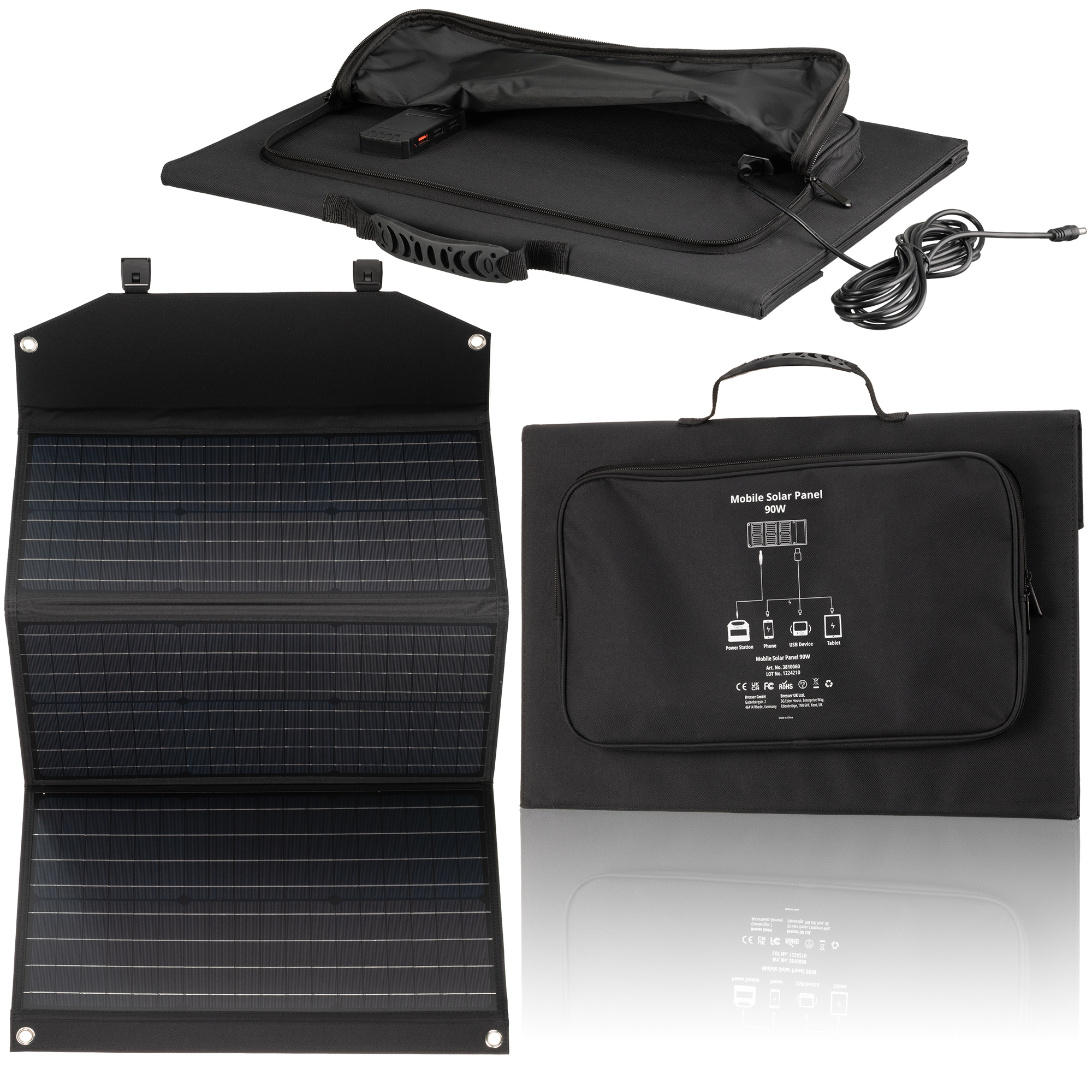 BRESSER Mobiles Solar-Ladegerät 90 Watt mit USB- u. DC-Anschluss