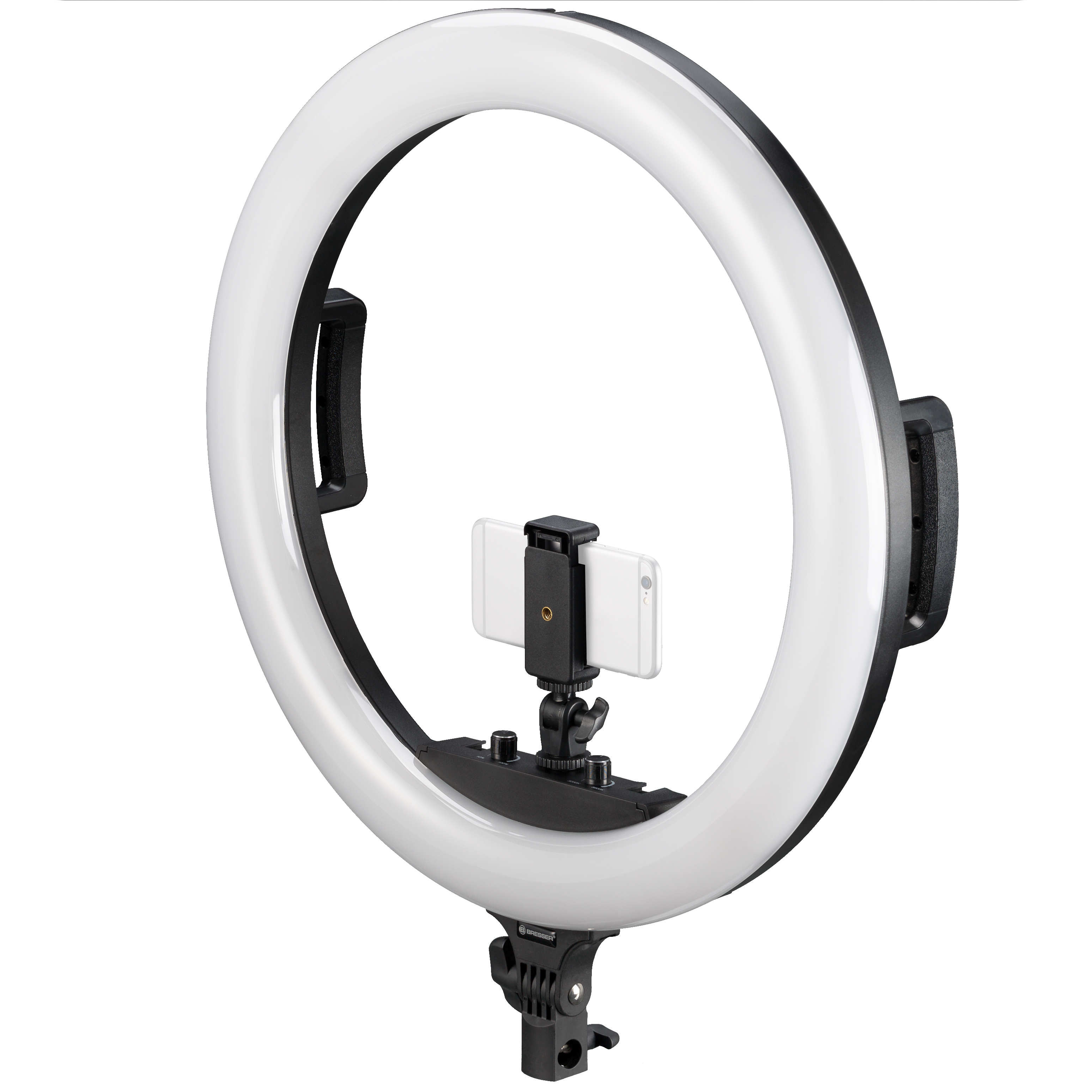 BRESSER STR-48B Bi-Color LED Ringleuchte 48W dimmbar mit Kamera- und Smartphonehalter