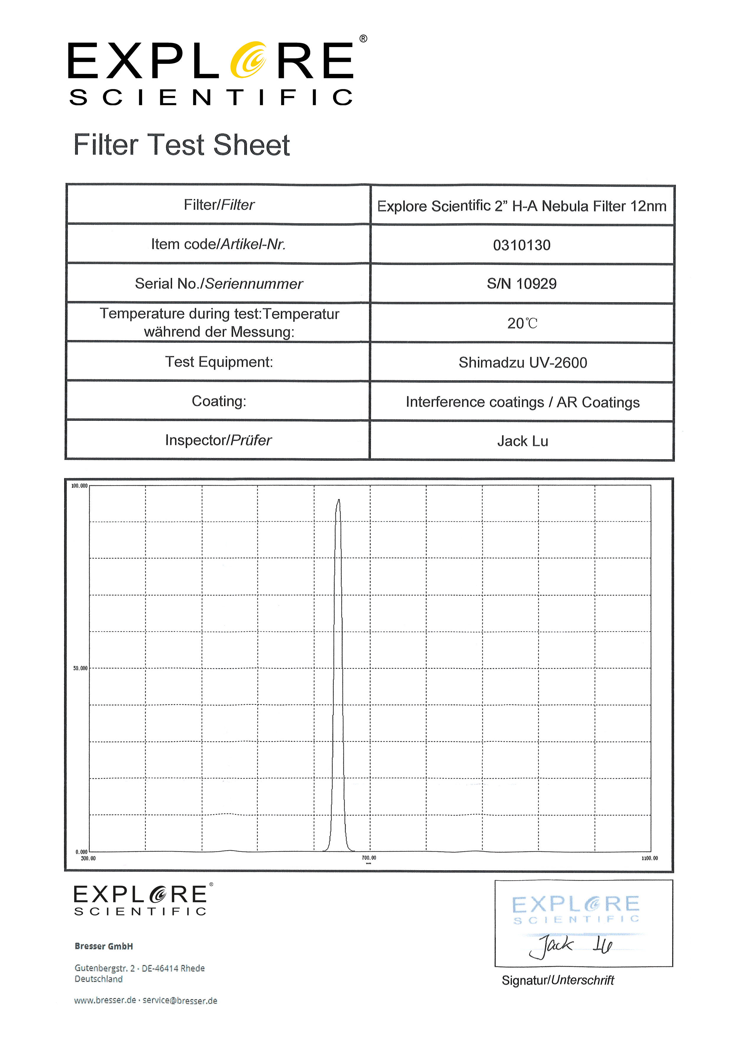 EXPLORE SCIENTIFIC 2" H-Alpha Nebelfilter 12nm