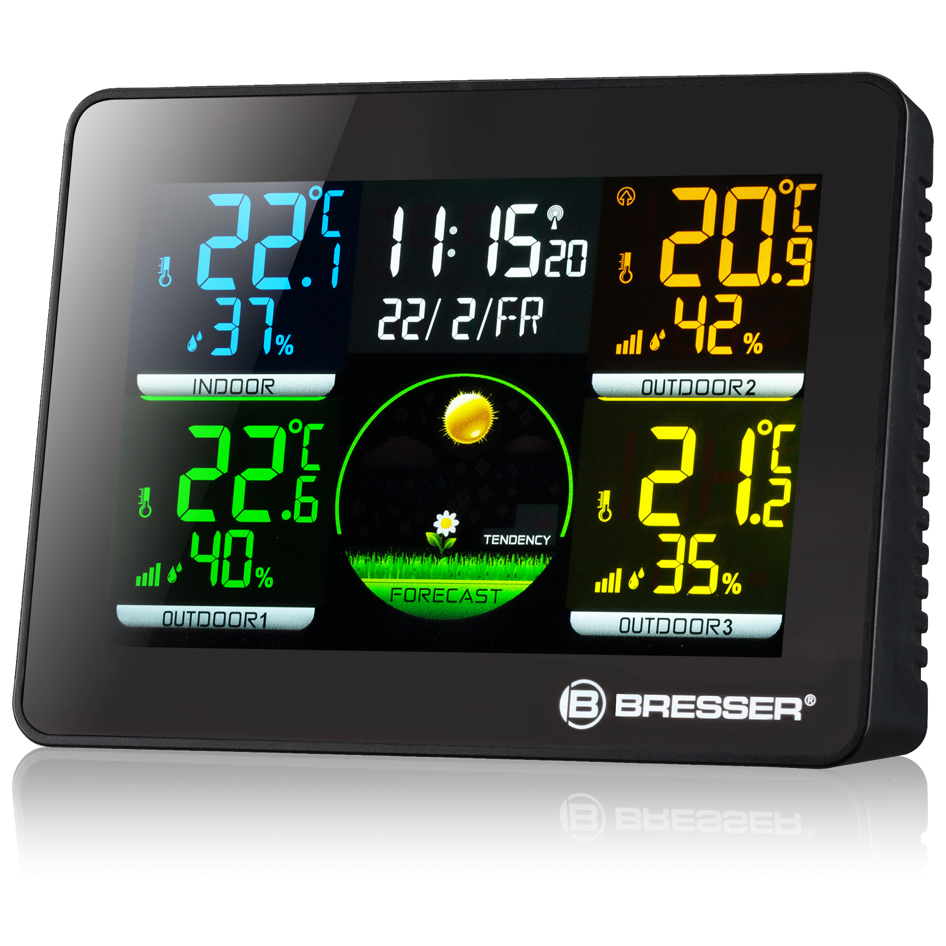 BRESSER Thermo Hygro Quadro NLX - Thermo-/Hygrometer mit 3 Außensensoren (Refurbished)