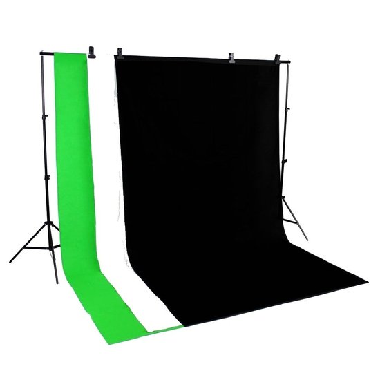 BRESSER BR-BGS2 Set21 - Hintergrundsystem inklusive Fotohintergründe Greenscreen/ Schwarz/ Weiß