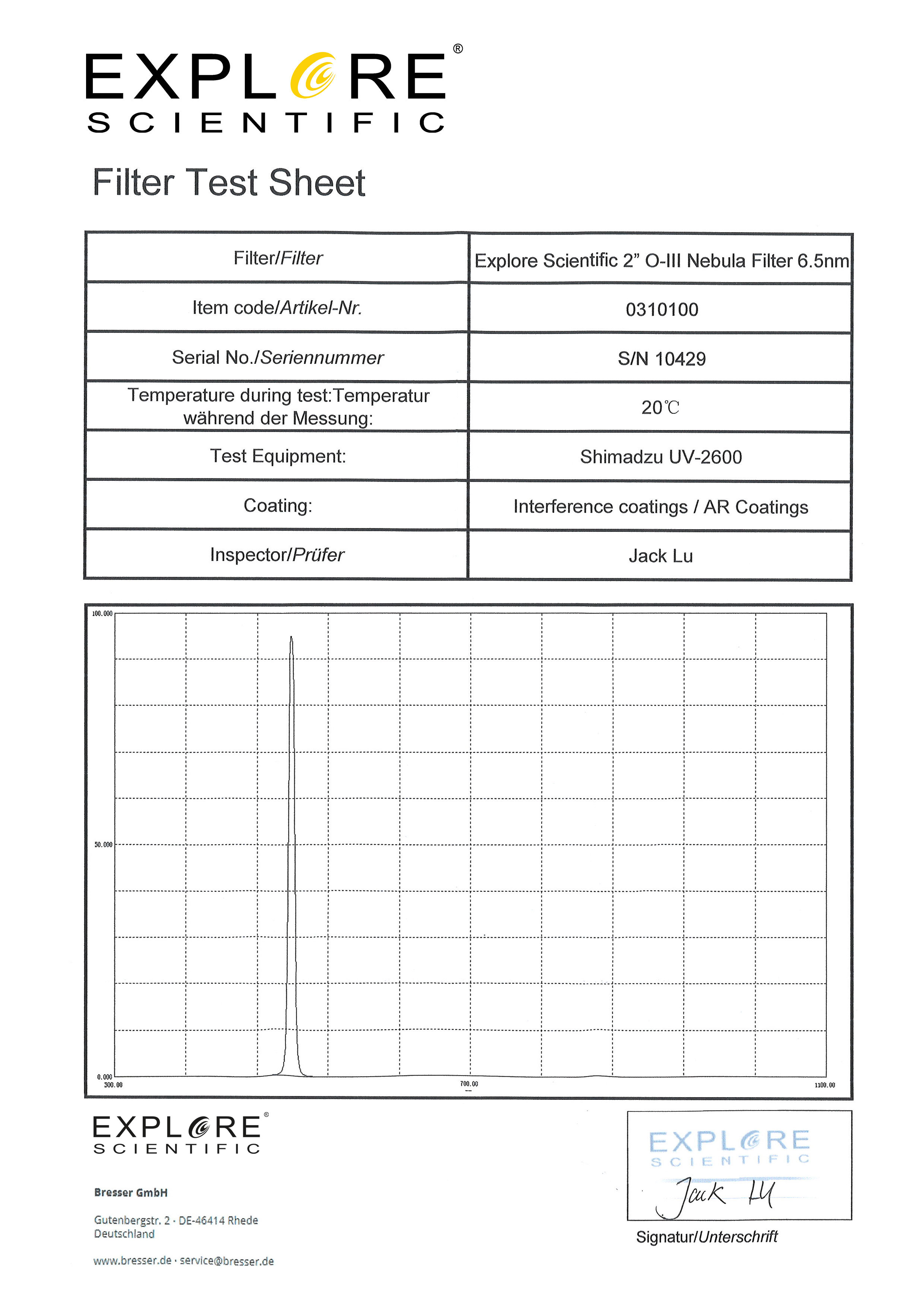 EXPLORE SCIENTIFIC 2" O-III Nebelfilter 6.5nm