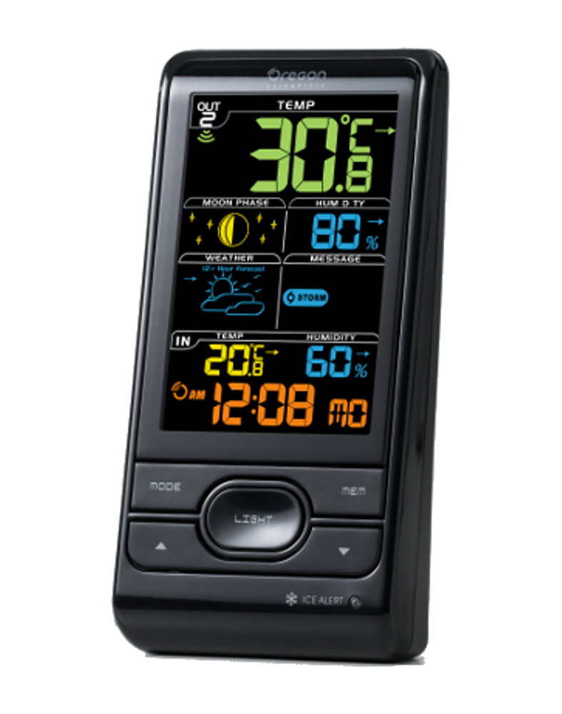 Oregon Scientific Funk-Wetterstation mit Wetterwarnungen (Hitze, Wind, Sturm, Nebel, Frost) und Farbdisplay mit regelbarer Helligkeit (hell, gedimmt, aus)