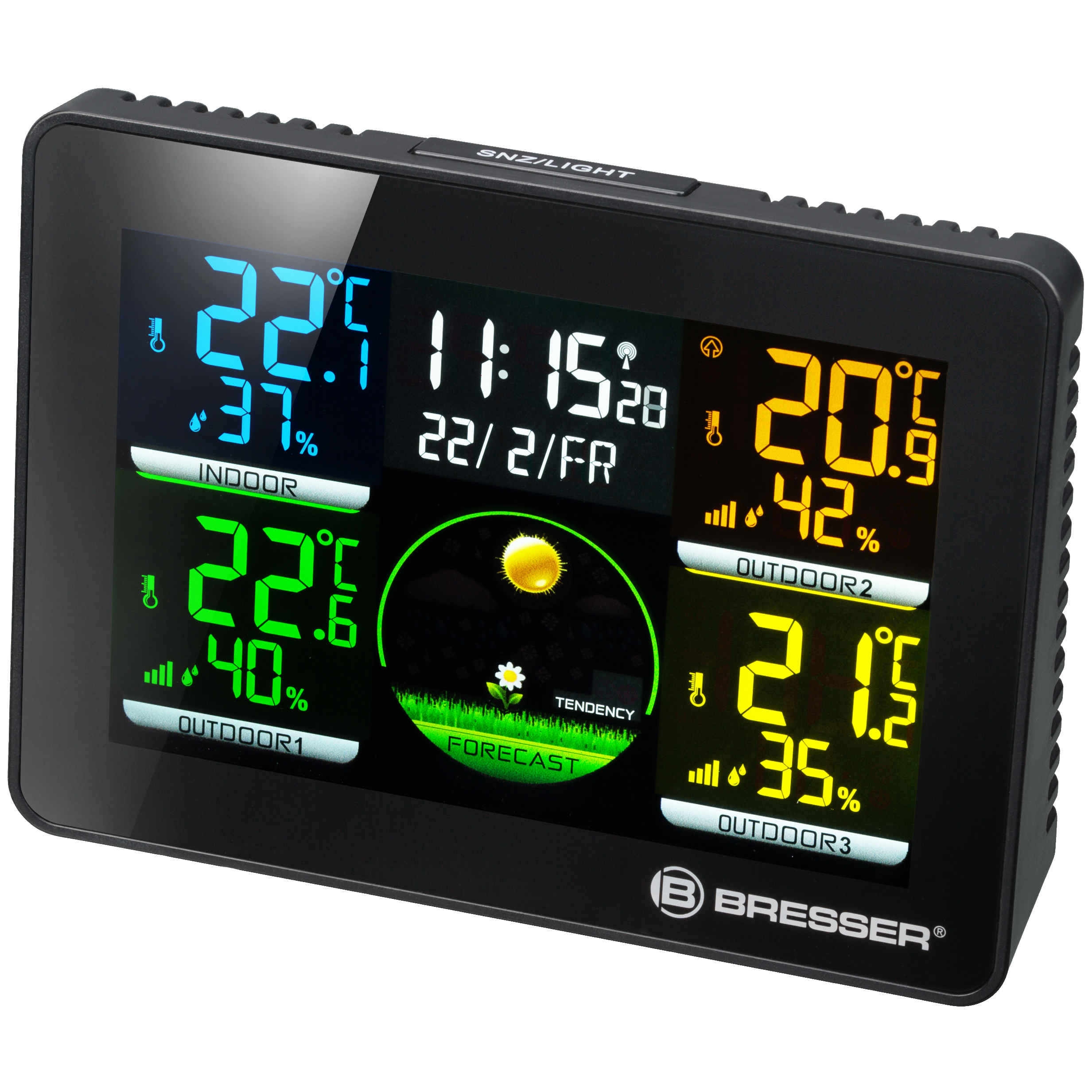 BRESSER Thermo Hygro Quadro NLX - Thermo-Hygrometer mit 3 Außensensoren