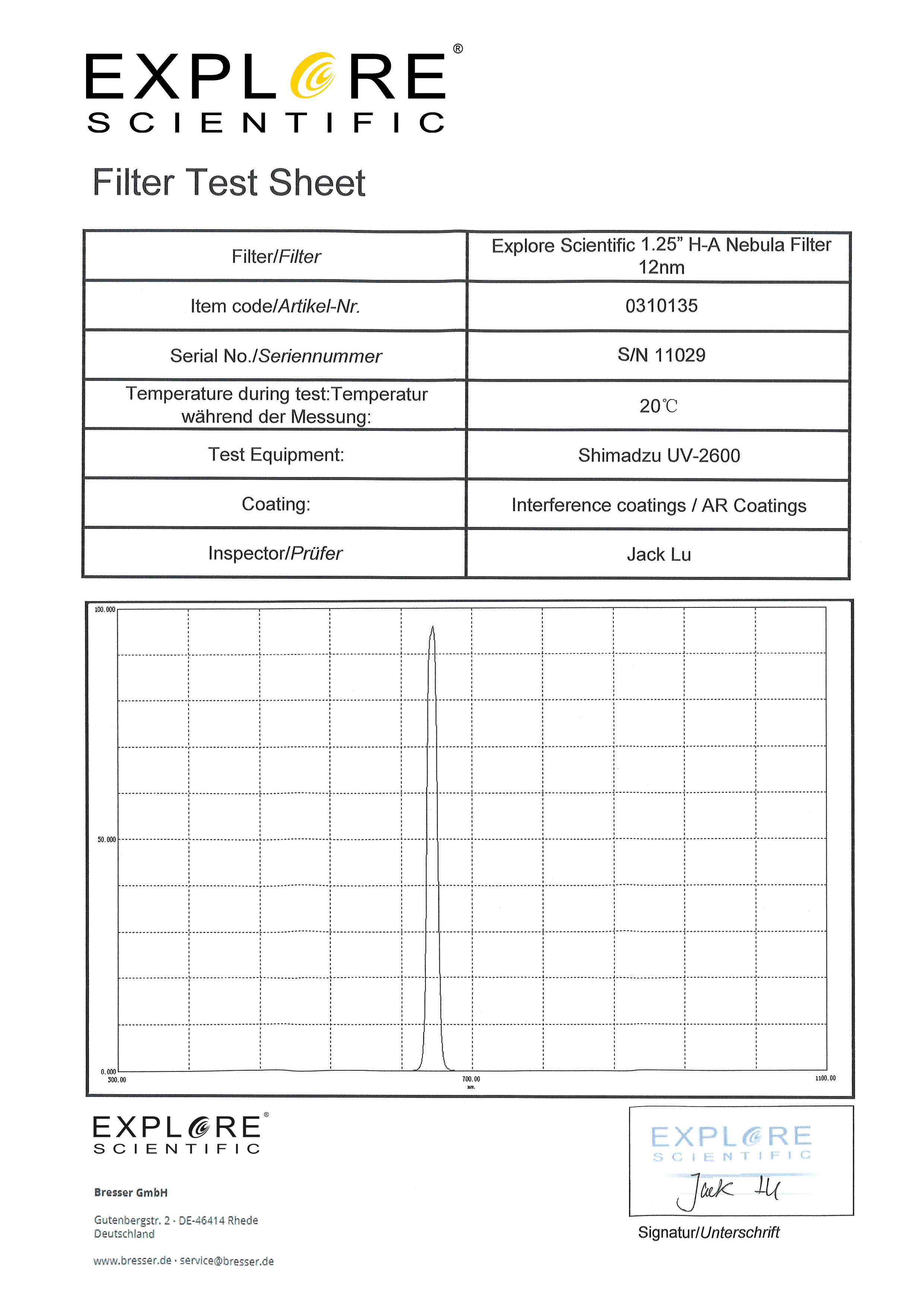 EXPLORE SCIENTIFIC 1,25" H-Alpha Nebelfilter 12nm